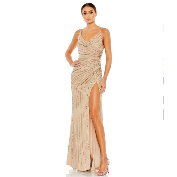 Mac Duggal Dresses & Skirts - Mac Duggal Nude Surplice Front High Slit Dress, 10
